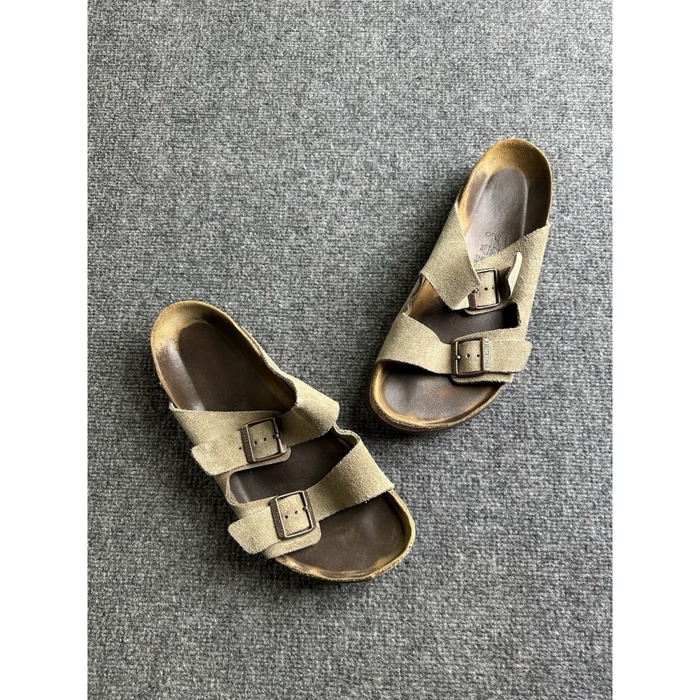 Mens Birkenstock Arizona Taupe Suede Leather Sandals Made Germany, Size 12 EU 45